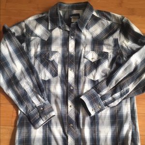 Wrangler Blue Long Plaid Western Shirt Pearl Snaps